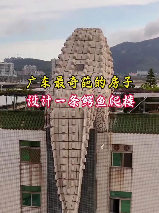 在广东发现一栋造型非常独特的房子,房顶上设计鳄鱼爬楼
