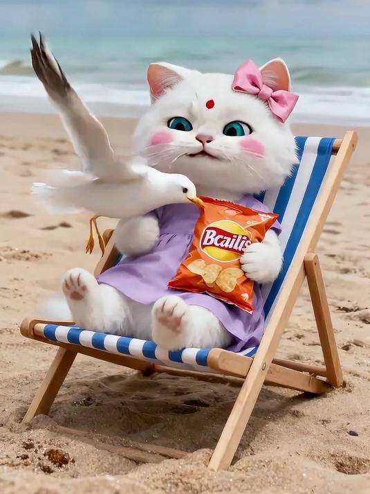 海鸥叼走了猫咪的薯片，这可怎么办呀