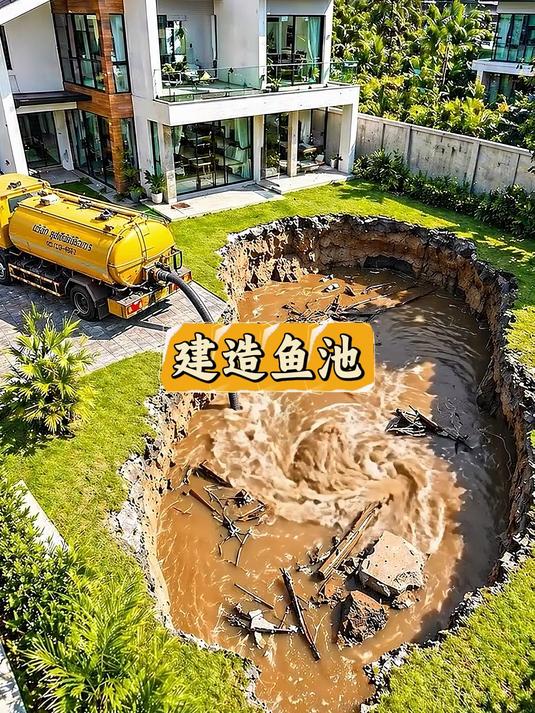 小伙清理废弃深坑，自建庭院景观水池#建造过程# #沉浸式体验# #鱼池#