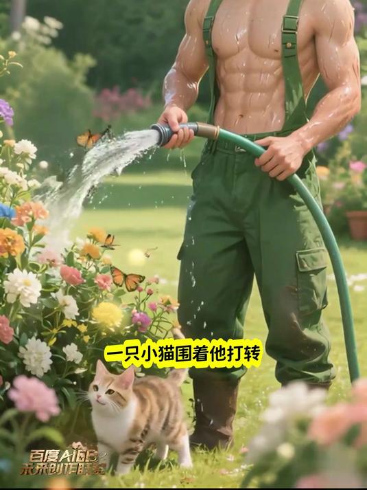 肌肉帅哥浇花,蝴蝶小猫围观,画面太治愈!