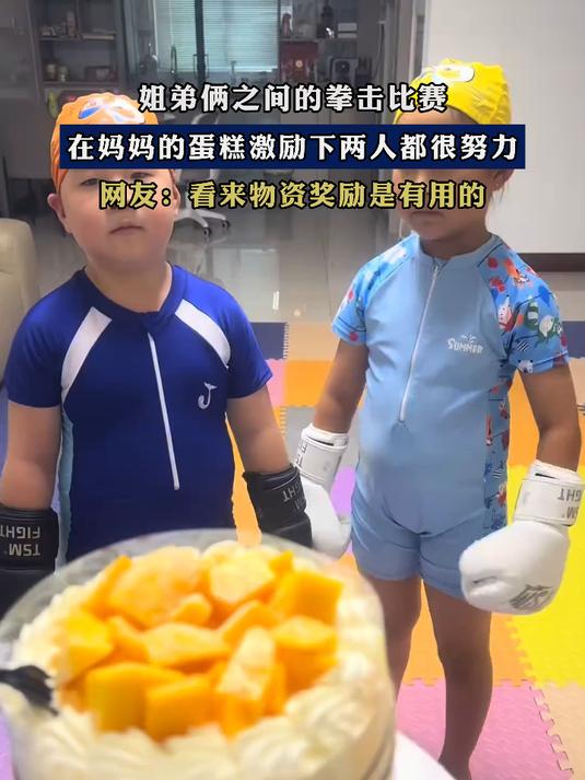 姐弟俩之间的拳击比赛,在妈妈的蛋糕激励下两人都很努力