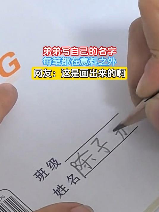 弟弟写自己的名字,每笔都在意料之外,网友:这是画出来的啊