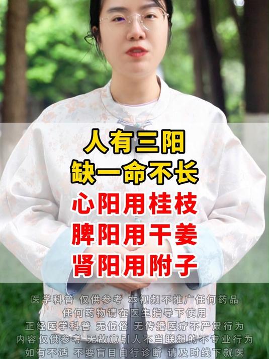 人有三阳,缺一命不长,心阳用桂枝,脾阳用干姜,肾阳用附子