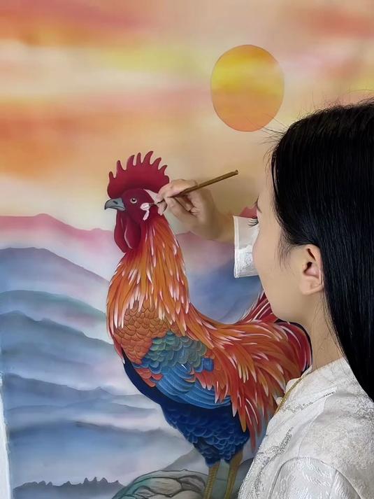 金鸡报晓 鸿运当头,工笔画大公鸡……