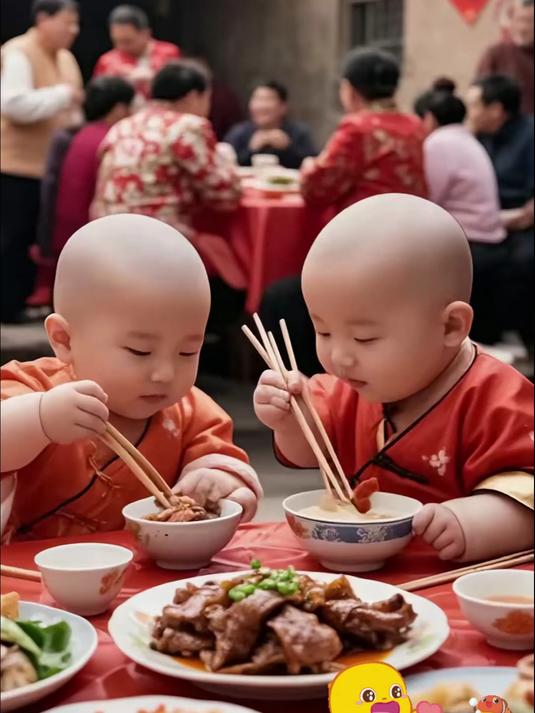 小模样喜庆又可爱,把宴席的热闹与童真全 “吃” 进画面