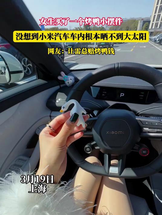 女生买了一个烤鸭小摆件,没想到小米汽车车内根本晒不到大太阳