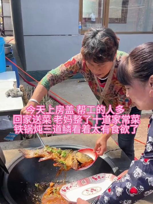 一大早买了菜送回家,上房架子,帮工干活的人不少,老妈家常菜