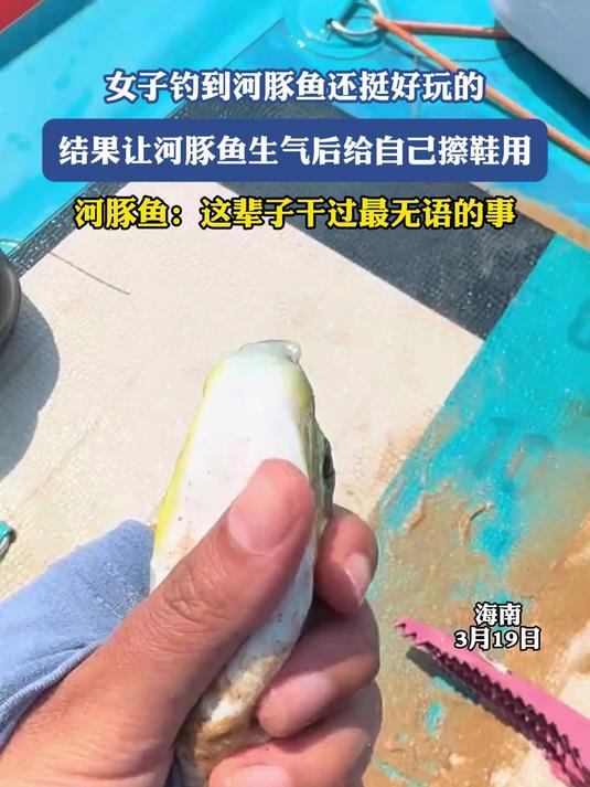 女子钓到河豚鱼还挺好玩的,结果让河豚鱼生气后给自己擦鞋用