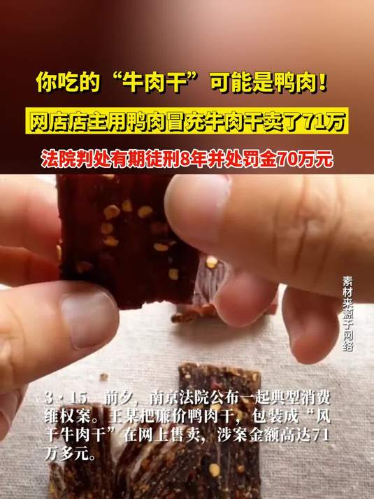 店主用鸭肉冒充牛肉干卖了71万,法院判处有期徒刑8年并处罚金