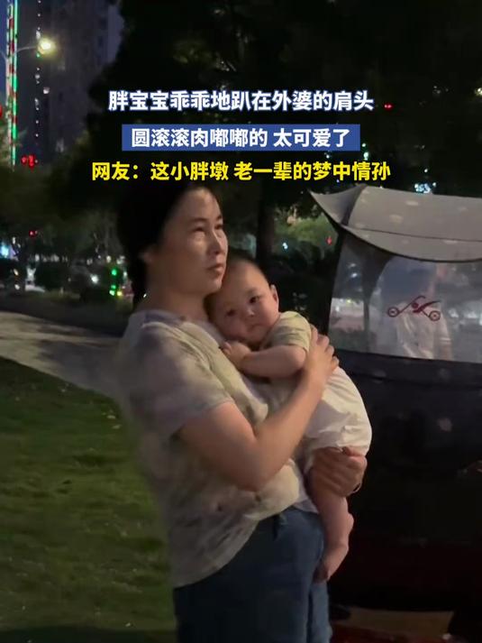 胖宝宝乖乖地趴在外婆的肩头,圆滚滚肉嘟嘟的,太可爱了