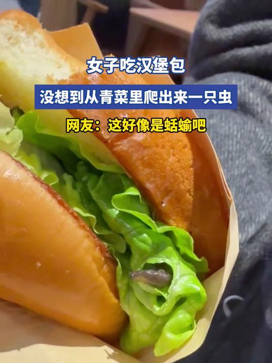 女子吃汉堡包,没想到从青菜里爬出来一只虫