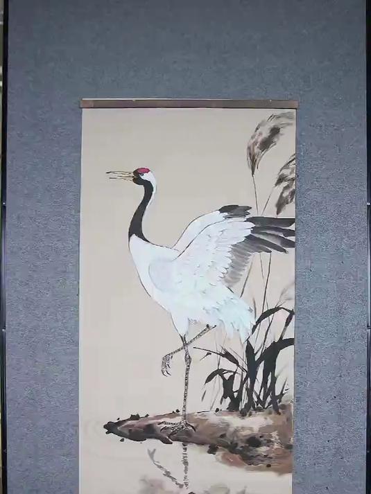 国画写意仙鹤 四尺整张檀皮生宣仿古色