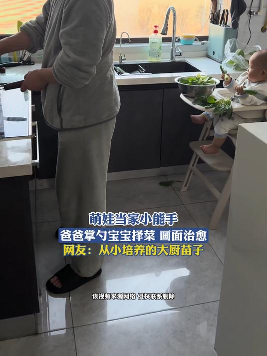萌娃当家小能手!爸爸掌勺宝宝择菜,网友:从小培养的大厨苗子