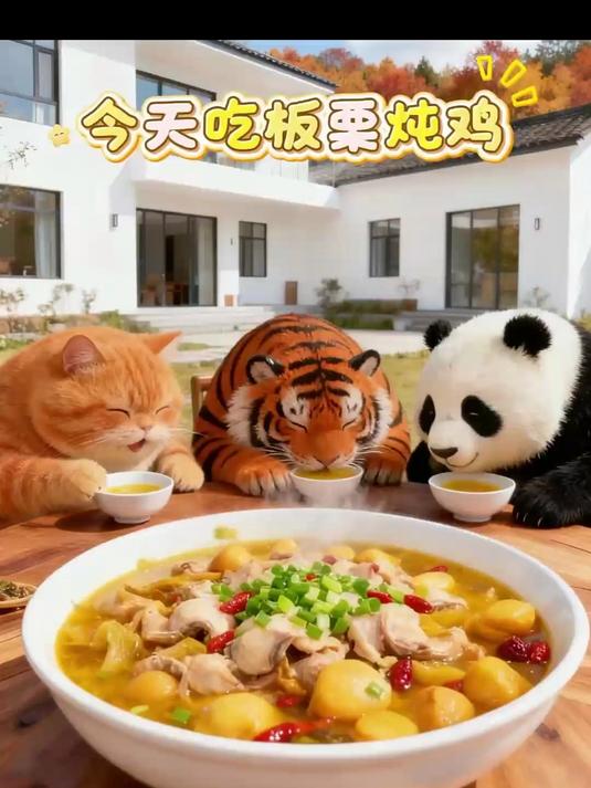 胖橘和虎哥今天吃板栗炖鸡