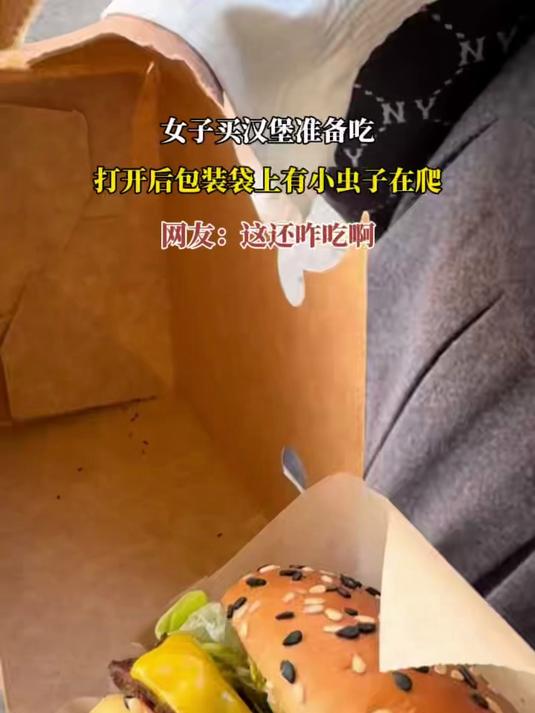 女子买汉堡准备吃，打开后包装袋上有小虫子在爬