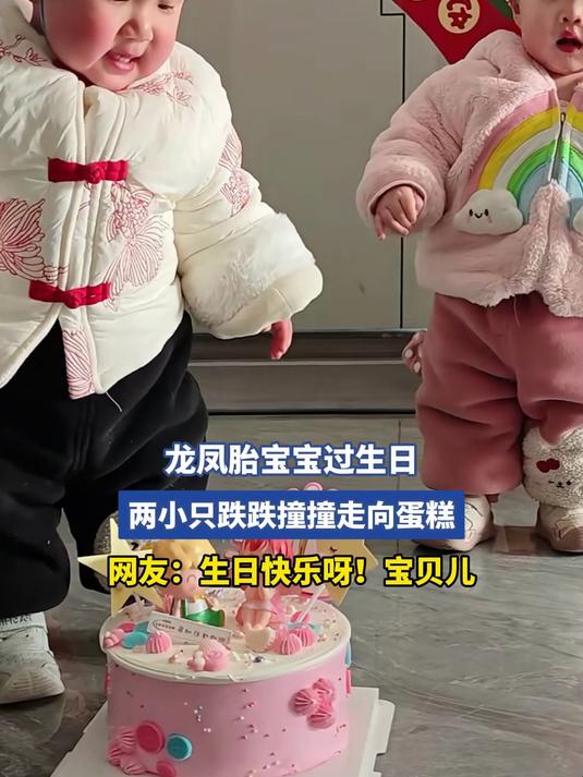 龙凤胎宝宝过生日，两小只跌跌撞撞走向蛋糕
