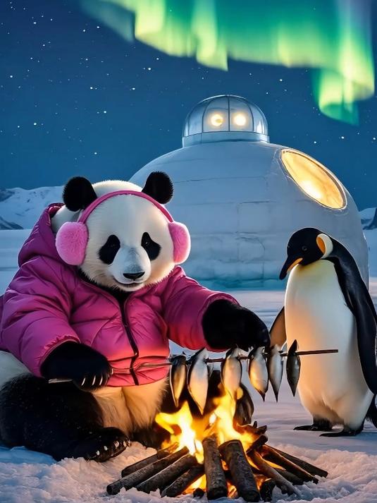 萌宝来南极旅游啦!还和好朋友企鹅一起体验了极光下烤鱼的乐趣