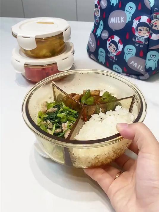 创得新品琥珀大圆三格玻璃便当盒上班族带饭圆形三分格餐盒冰箱冷藏保鲜可微波炉加热#厨房好物#