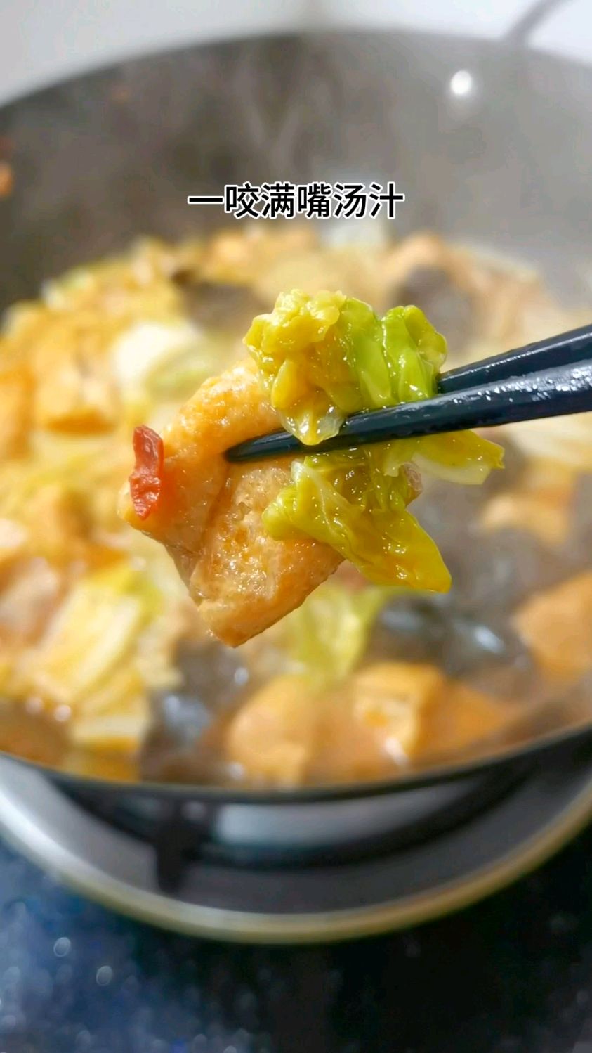 大白菜炖油豆腐,一口下去,满嘴汤汁,冬天我家经常做的家常菜