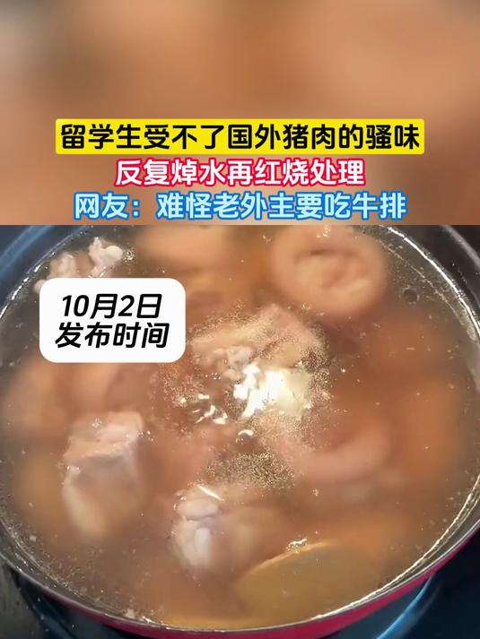 留学生受不了国外猪肉的骚味,反复焯水再红烧处理,网友:难怪老外主要吃牛排