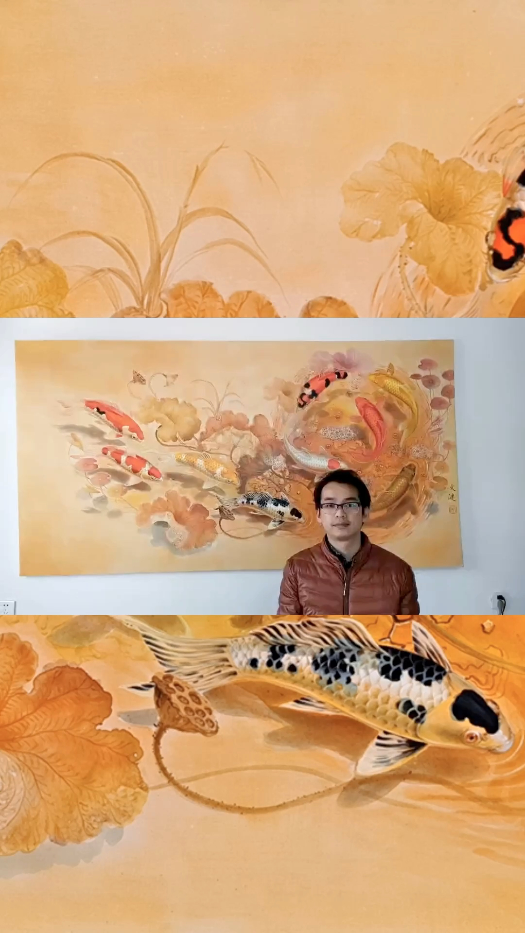 吴文健油画锦鲤,独具风格,鱼画得栩栩如生,精美绝伦,具有一种生命的灵气