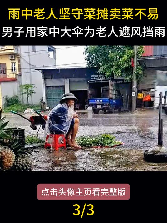 雨中老人坚守菜摊,卖菜不易,男子用家中大伞为老人遮风挡雨