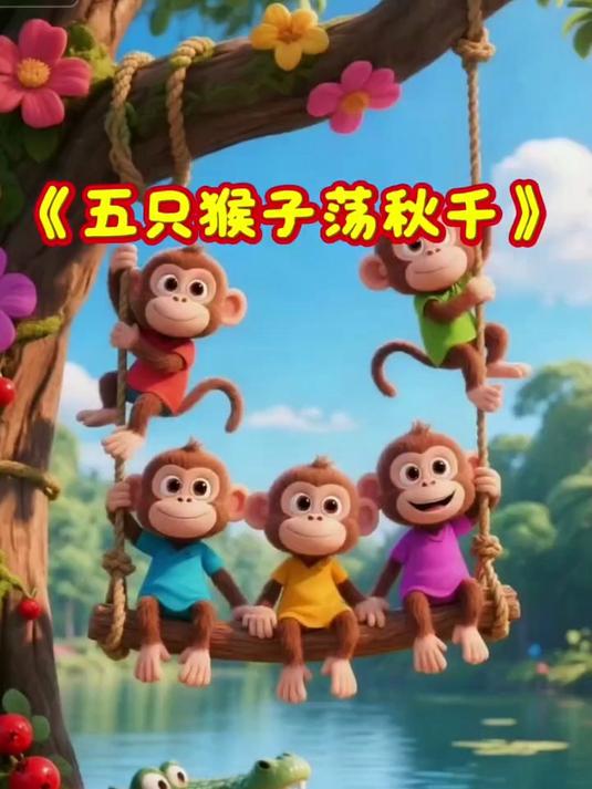 益智启蒙早教儿歌大全《五只猴子荡秋千》嘲笑鳄鱼被水淹