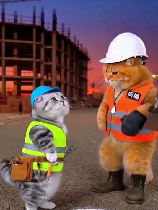 工地俩猫咪摸鱼,被工头抓包后秒变烧烤摊