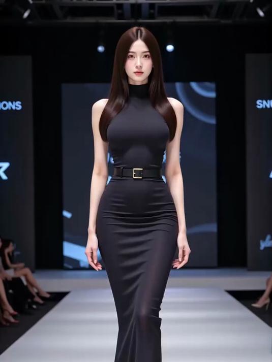 黑色露背鱼尾裙搭配缎面材质，性感又高级