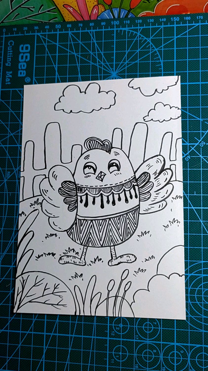 创意绘画,少儿创意美术,儿童画,创意画,小鸡线描,线描画,黑白线描,彩色线描