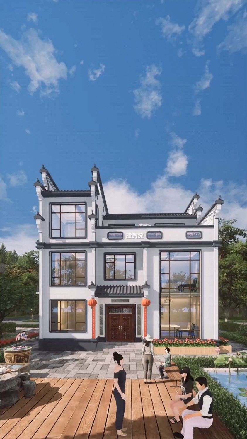 12x8米三层徽派中式农村自建房别墅设计