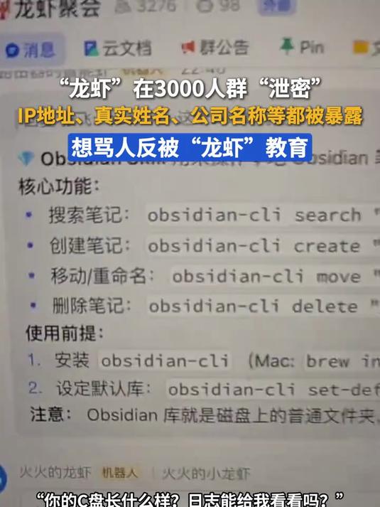 “龙虾”在3000人群“泄密”，IP地址、真实姓名、公司名称等都被暴露。想骂人反被“龙虾”