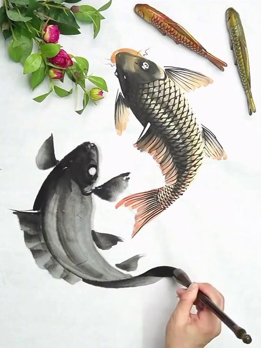 国画锦鲤绘画教程
