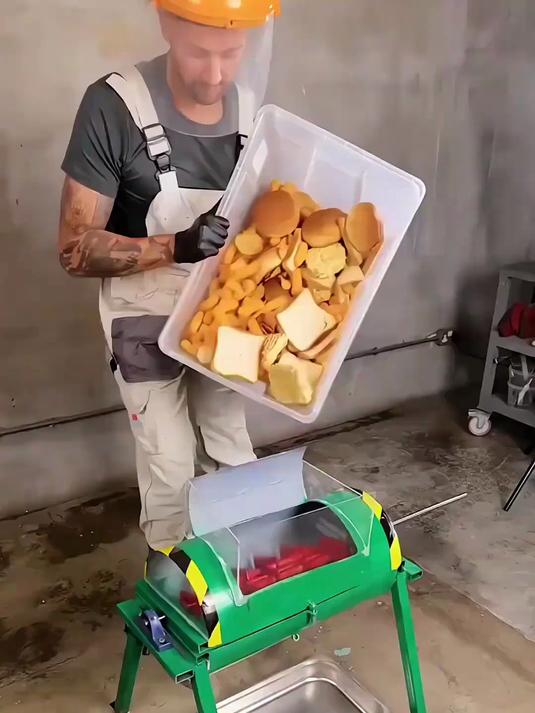 男人用过期面包制作鸡饲料