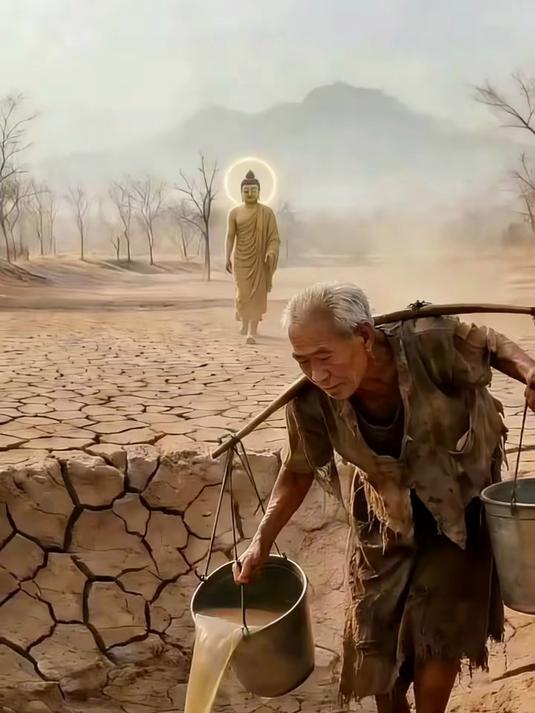 旱地上,老头给死鱼浇桶里的水
