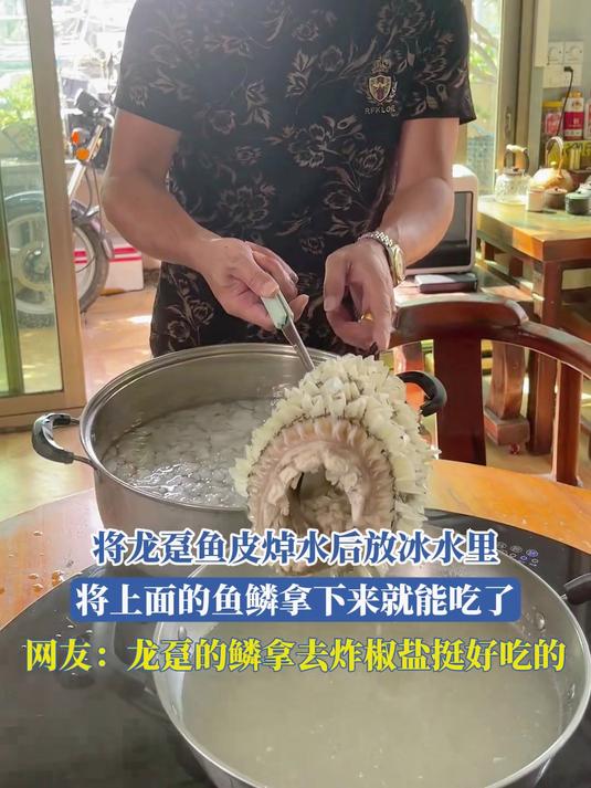 将龙趸鱼皮焯水后放冰水里,将上面的鱼鳞拿下来就能吃了,网友:龙趸的鳞拿去炸椒盐挺好吃的#金