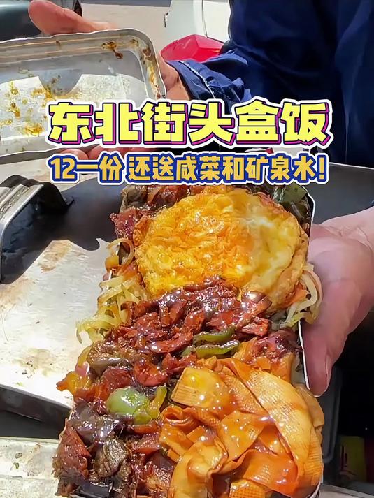 东北12块一份的街头盒饭居然还送一瓶水