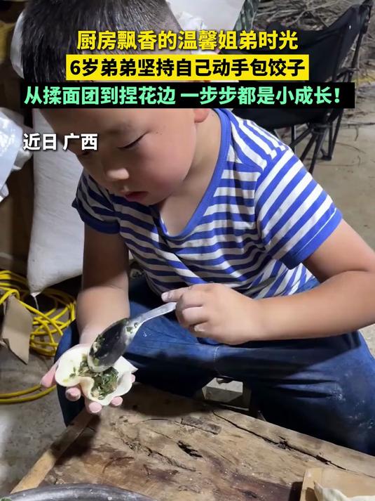 厨房飘香的温馨姐弟时光,6岁弟弟坚持自己动手包饺子,从揉面团到捏花边。一步步都是小成长!