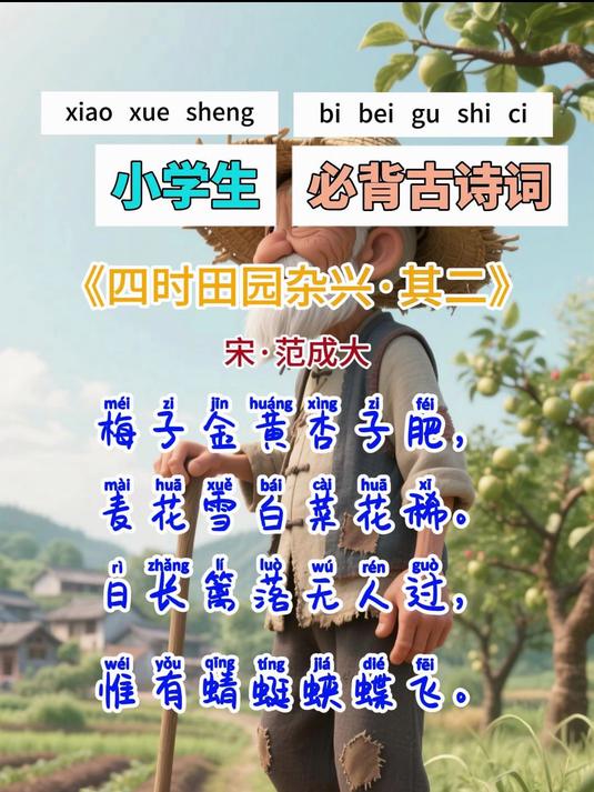 《四时田园杂兴》宋·范成大 梅子金黄杏子肥,麦花雪白菜花稀