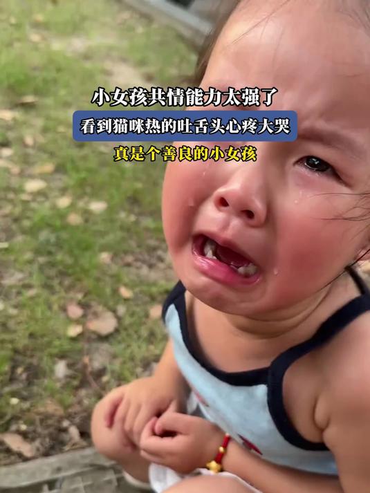 小女孩共情能力太强了,看到猫咪热的吐舌头心疼大哭