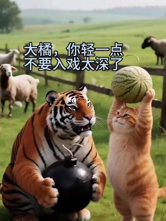 胖橘猫和老虎去蒙古草原想方设法吃山羊