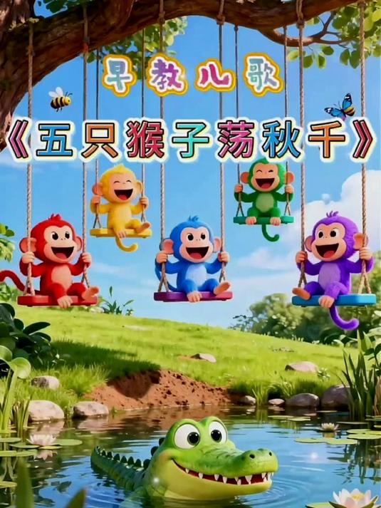 儿歌大全，五只猴子荡秋千，鳄鱼来了……