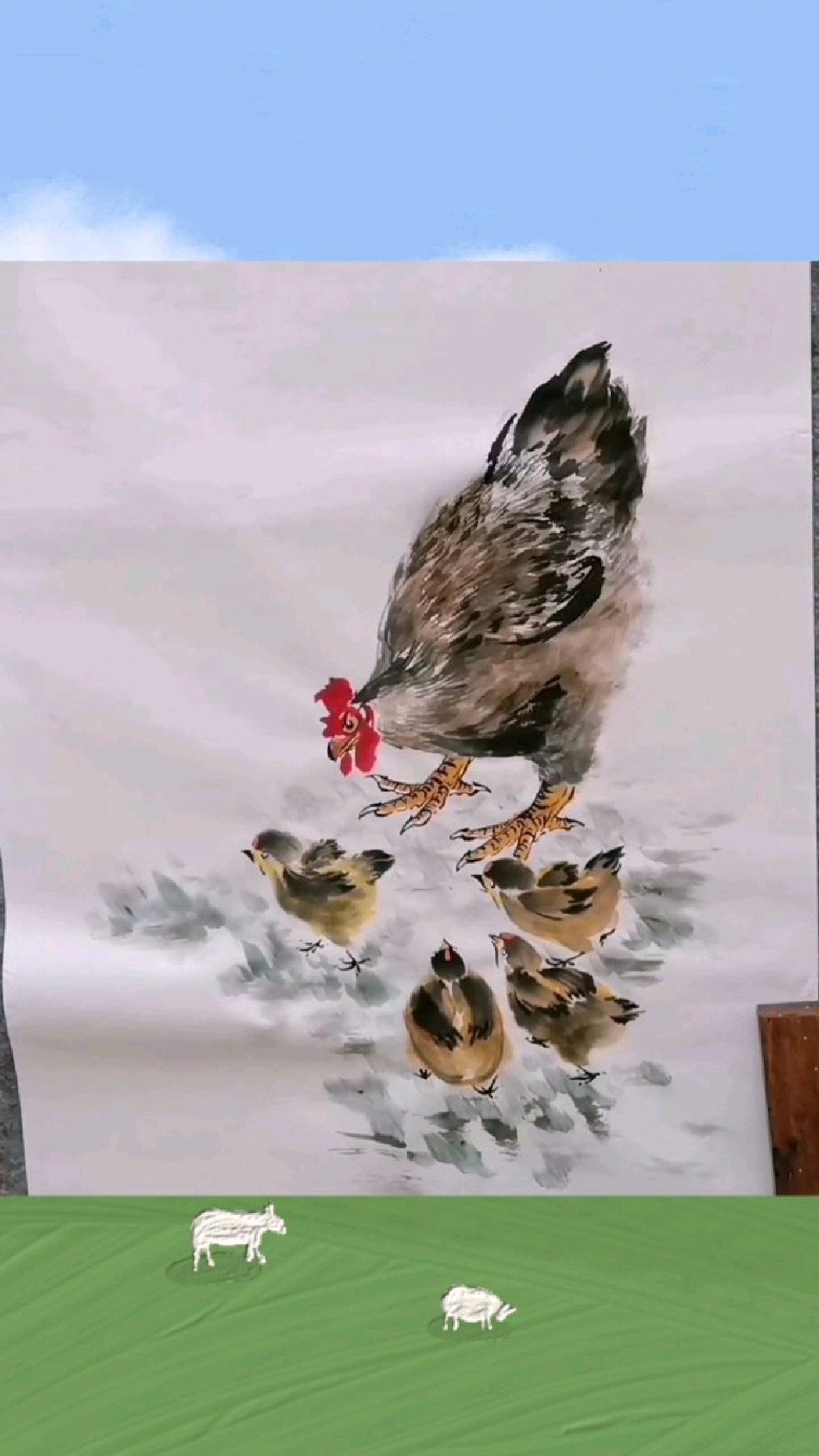 王兴民国画鸡:母鸡与小鸡