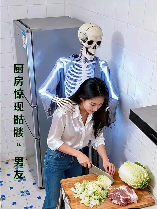 厨房惊现骷髅“男友”,美女淡定切菜,背后真相让全网头皮发麻!