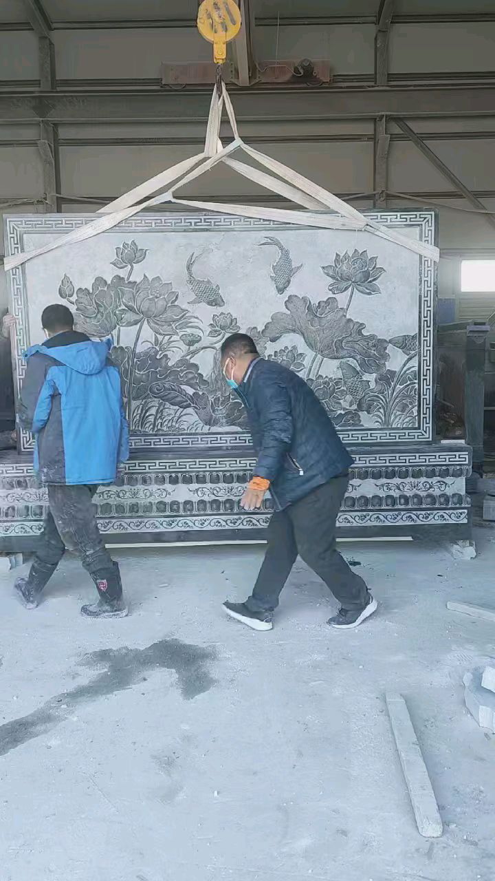 别墅庭院装饰大理石石雕照壁～荷花鲤鱼图案