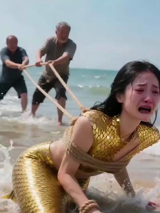 金色鱼尾染血,美人鱼沙滩遭拖拽挣扎求生