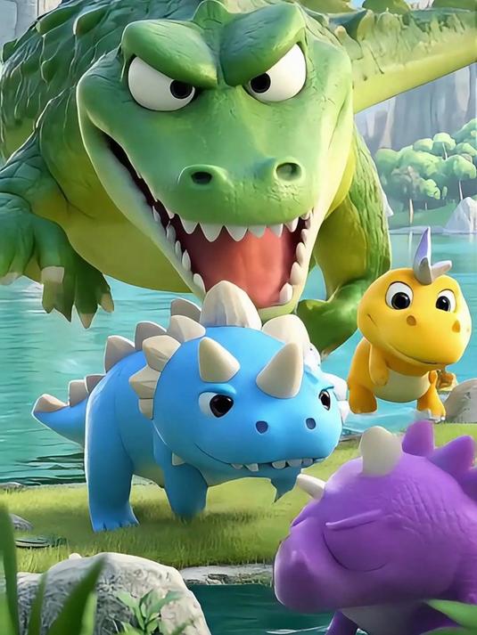 霸王龙大战鳄鱼救出三角龙宝宝