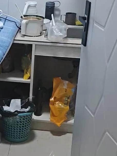男子展示自己在上海的租房,床是柜子搭的,旁边就是洗漱池
