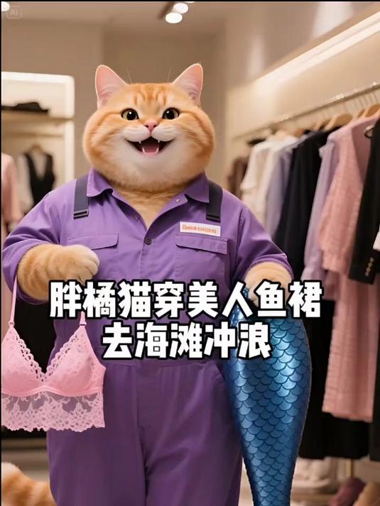 胖橘打扮成美人鱼去海滩冲浪