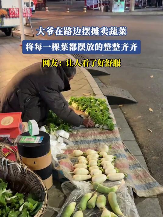大爷在路边摆摊卖蔬菜,将每一棵菜都摆放的整整齐齐